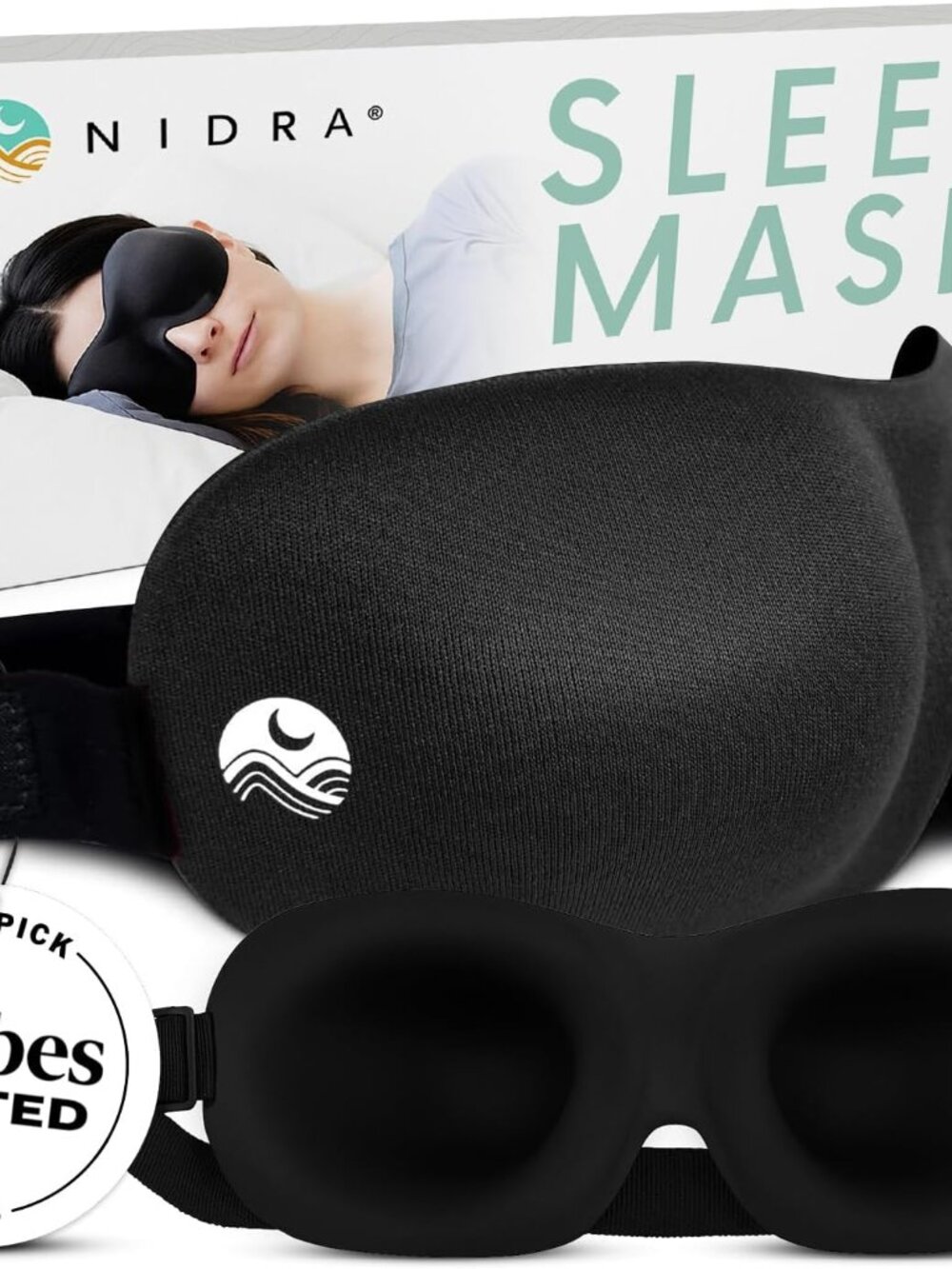 Nidra Contoured Sleep Mask, Black, Standard Size, Adjustable, 3D Eye Cups
